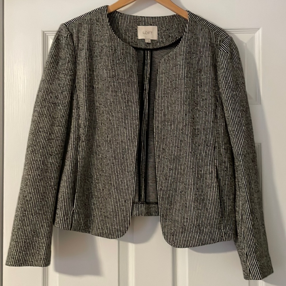 LOFT open front cropped black and white striped blazer. Size 12.